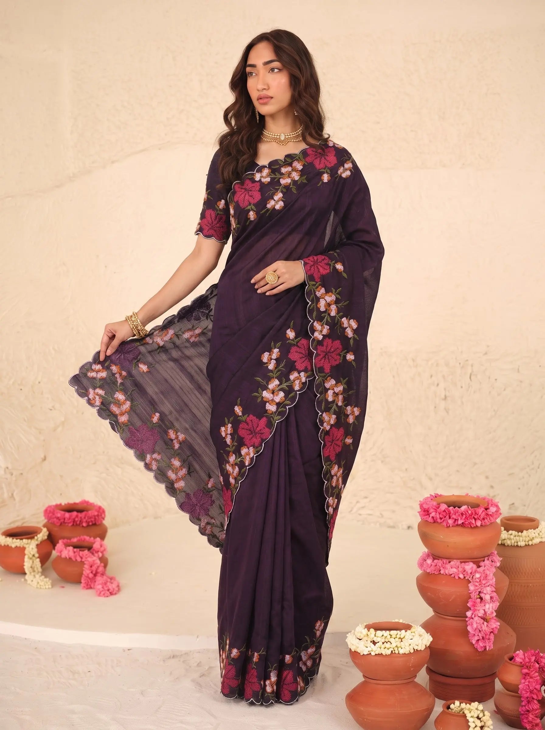 Purple Floral Embroidered Silk Saree - Embroidery Detail - Kalyanja KS163